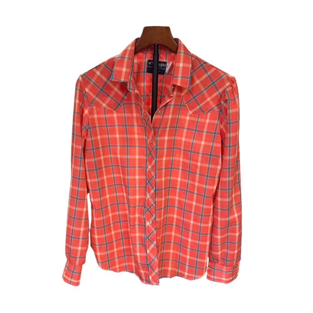 Vtg 80s Wrangler Western Shirt Womens Coral Orange Plaid Pearl Snap USA fits M